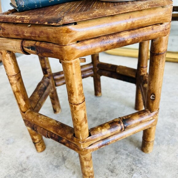 Vintage Hexagon Eclectic Burnt Tortoiseshell Bamboo Plant Stand / Side Table - Picture 3 of 8